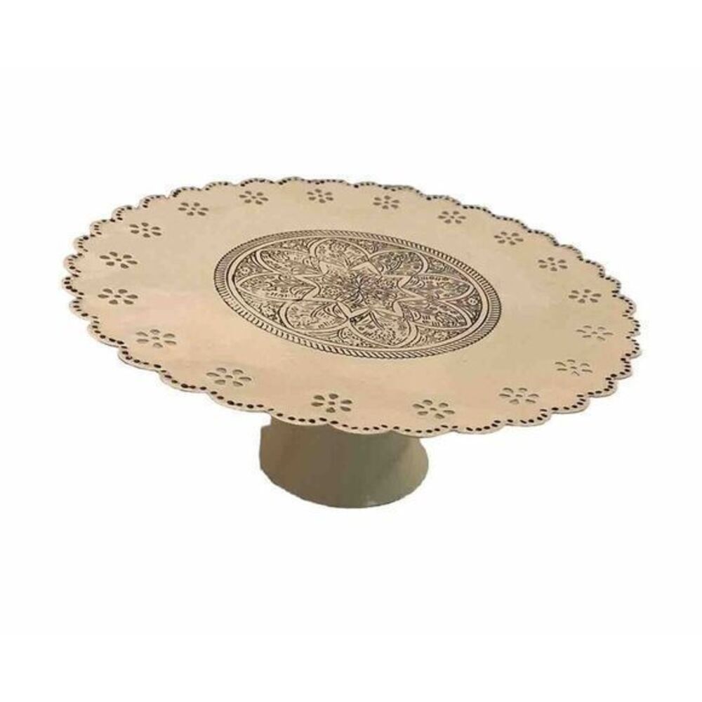 Retro Cake Stand Pedestal Cream Black Scalloped Metal‎ 10" Diameter